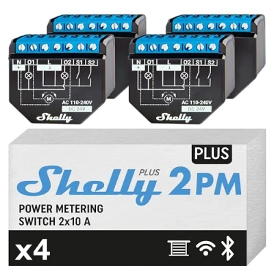 Image de Shelly Plus 2PM Relais interrupteur volet roulant connecté, 2 canaux 16A, Wi Fi &amp; Bluetooth, Alexa Google Home, App iOS Android (4 Pack)