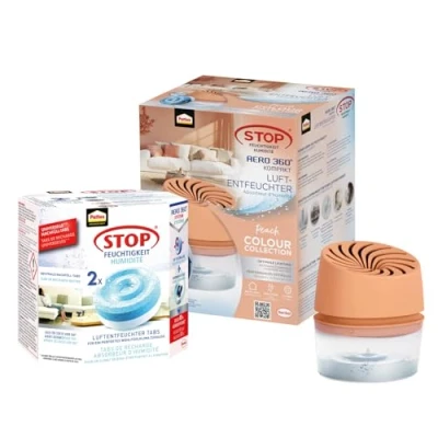 Image de Pattex AERO 360 Déshumidificateur compact Peach Colour Collection et 3 recharges de 450 g, réduit l&#039;humidité les mauvaises odeurs, appareil avec