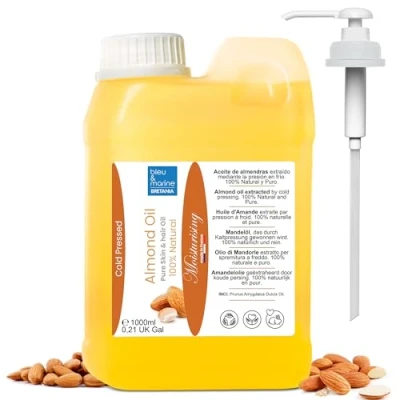 Image de Huile Amande Douce Bio, Pressée à Froid, Pure. de Massage Professionel, pour Cheveux et Cils, Hydratant Corps (Mains, Ongles), Visage (Anti âge), Vergetures Grossesse 1000 ml