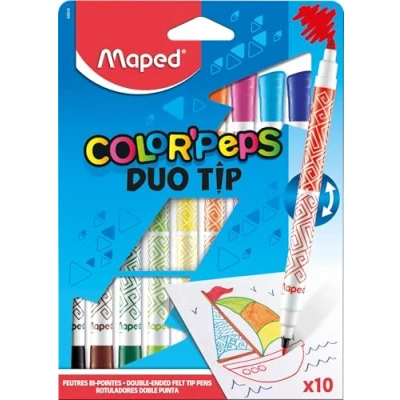 Image de Maped Color&#039;Peps Feutres de Coloriage Double Mines Fine 2mm et Large 3,9mm Encre Lavable à l&#039;eau Pochette 10 Pointes