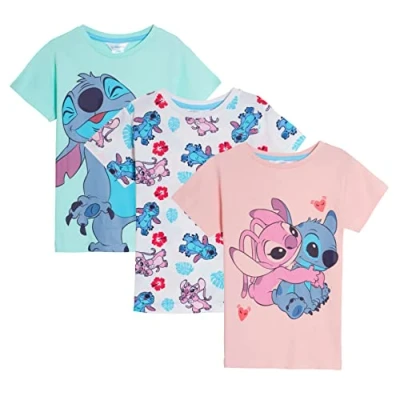 Image de Disney Ensemble de 3 T Shirts Lilo et Stitch pour Filles, Hauts d&#039;été Angel à Manches Courtes Enfants, Multicolore, 11 12 Ans