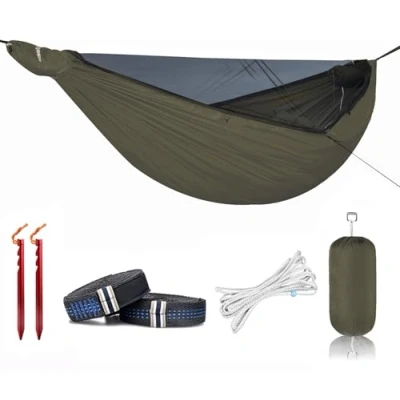 Image de Onewind hamac de camping 3,4 m avec moustiquaire et structure Ridgeline, double léger portable sangles d&#039;arbre 3,7 m, idéal pour le camping, la randonnée, OD vert