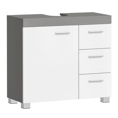 Image de VASAGLE Meuble sous Lavabo, de Salle Bain, 3 Tiroirs Latéraux, 2 Compartiments Derrière la Porte, avec Pieds, 30 x 70 64 cm, Gris Ciment et Blanc Nuage BBK503T49