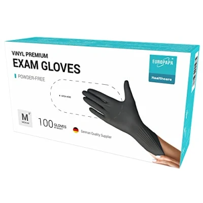Image de EUROPAPA® Lot de 100 gants jetables en vinyle sans latex et non poudrés Taille S, M, L XL (Noir, M)