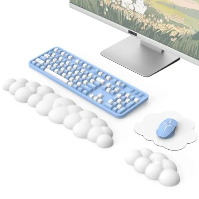 Image de MoKo Repose Poignets Nuage, Clavier Ergonomique avec Tapis de Souris, Souris et en Cuir PU pour Bureau, Jeu, Ordinateur, Ordinateur Portable, Blanc