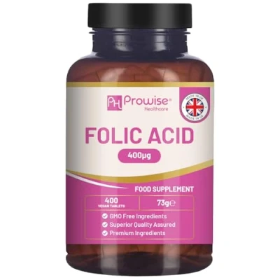 Image de Acide folique 400 mcg Comprimés végétaliens avec vitamine B12 et iode de B9 Supplément pour soins grossesse Fabriqué au Royaume Uni par Prowise