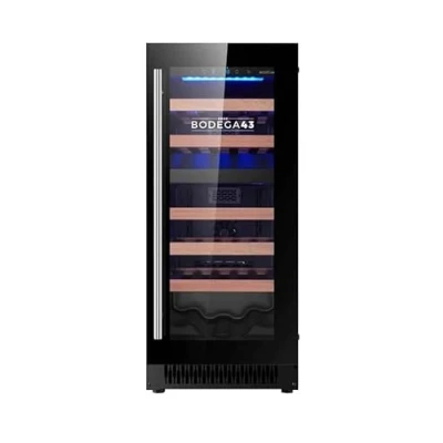 Image de BODEGA43 28 Cave à vin encastrable, 2 zones de température, 5 20 C, 76 litres, bouteilles, clayettes coulissantes, faible niveau sonore (38 dB), 38*60*87 cm, porte en verre avec filtre UV, Noir