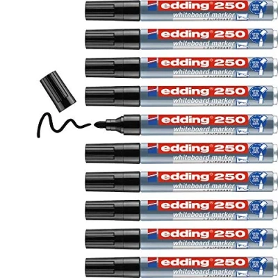 Image de edding 250 Marqueur pour tableaux blancs noir 10 stylos pointe ronde 1,5 3 mm feutre effaçable blanc, magnétique, mémo et chevalet de conférence sketchnotes rechargeable