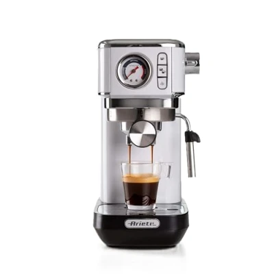 Image de Ariete Espresso Slim Metal 1381, Machine à Café avec Manomètre, Compatible en Poudre et Dosettes ESE, 15 Bar Max, Filtre 1 ou 2 Tasses, Buse Cappuccino, 1300W, Blanc