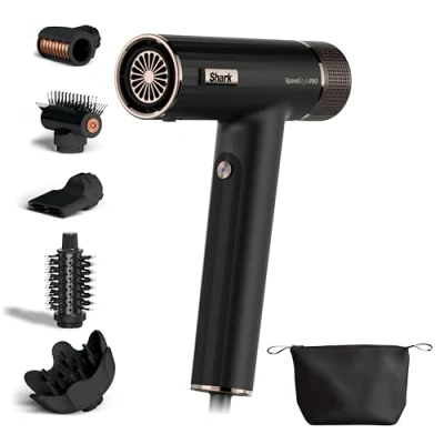Image de Shark sèche cheveux SpeedStyle Pro ultra performant, rapide, tous types de cheveux, technologie Scalp Shield, 5 embouts, léger, ionique, sans dommage thermique, sac rangement, Noir HD752EU
