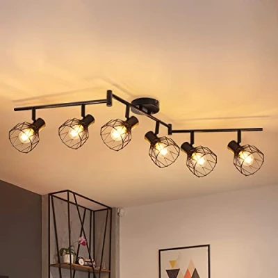 Image de Kimjo Plafonnier LED 6 Spots Orientables, Spot de Plafond Noir, Luminaire Cuisine, E14 Spot, Éclairage LED, Rétro Applique pour Salon Chambre Sans Ampoule