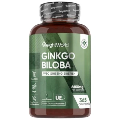 Image de Ginkgo Biloba + Ginseng 6600mg, 365 Micro Comprimés (1 An), Antioxydant Puissant, Alternative au Pur Extrait 50:1, Ginko Vegan, Forte Dose, Sans Acide Ginkgolique