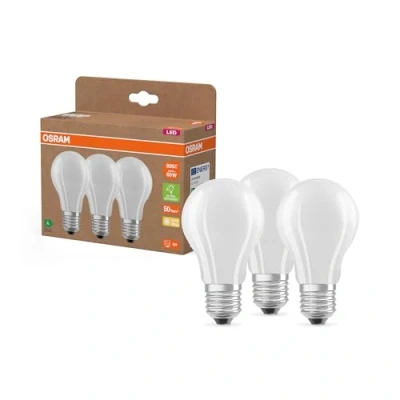 Image de OSRAM Lampes LED haute efficacité avec classe énergétique A, pack avantage de 3 lampes, remplace les ampoules 60W classiques, forme poire, blanc chaud (2700K), E27, verre mat