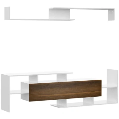 Image de HOMCOM Ensemble Meuble TV avec Banc et étagère Murale Style Contemporain 153,6L cm Blanc Marron