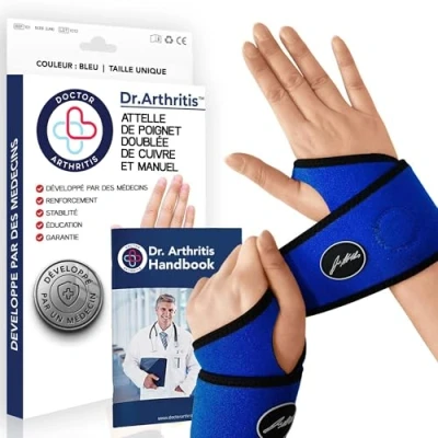 Image de Orthese Poignet Infusée de Cuivre Conçue par des Médecins, Attelle Gauche et Droit, Pouce, Support Nuit pour Femmes Hommes [Bleu, Paire]