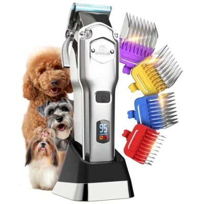 Image de oneisall Tondeuse professionnelle pour chien Kit de toilettage sans fil/rechargeable avec peignes métalliques détachables (argenté)