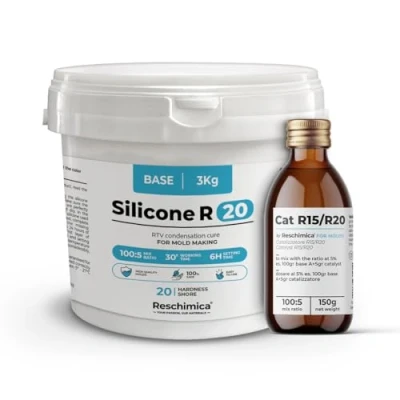 Image de caoutchouc de silicone R20 pour moule souples (20 ShoreA), bi composant, durcissement rapide (6h), coulée blanc semi brillant la reproduction modèles et bijoux (3 kg)