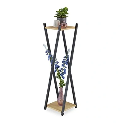 Image de Relaxdays Étagère à Plantes, 2 Surfaces Effet Bois, Tabouret Moderne Fleur, HLP : 99x29x29 cm, Colonne, Noir Brun Clair