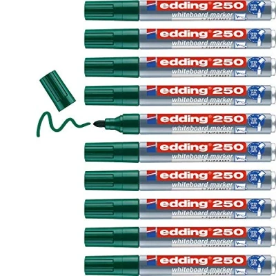 Image de edding 250 Marqueur pour tableaux blancs vert 10 stylos pointe ronde 1,5 3 mm feutre effaçable blanc, magnétique, mémo et chevalet de conférence sketchnotes rechargeable