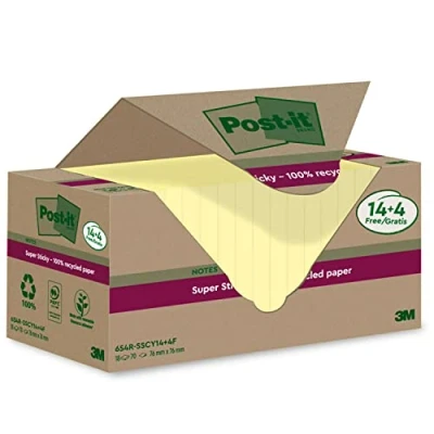 Image de Post it Super Sticky Notes entièrement recyclées, 14 + 4 Blocs GRATUITS/Paquet, 70 Feuilles par Bloc, 76 mm x mm, Jaune Extra collantes Fabriquées à partir de Papier 100% Recyclé