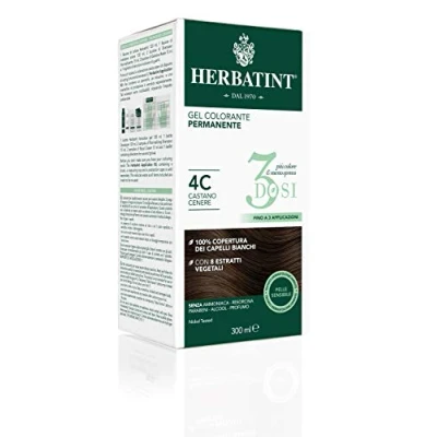 Image de Herbatint Gel Colorant Permanent 3Doses, 300 ml 4C Châtain Cendre, Sans Ammoniaque, pour peaux sensibles, 100% Couverture Cheveux Blancs avec 8 Extraits Naturels Bio