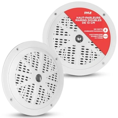 Image de Paire d&#039;enceintes / baffles Pyle 5.25&quot; (13.3 cm) étanches avec une puissance de 100 Watts. Idéal pour bateau, scooter mer etc. Blanc.