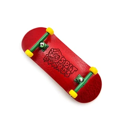 Image de SPITBOARDS 34 mm Fingerboard complet en bois Pro Set Up (pré assemblé, 5 couches), Trucks, Roues à roulement CNC, bande d&#039;adhérence mousse, (Planche : rouge, Trucks vert, jaune)
