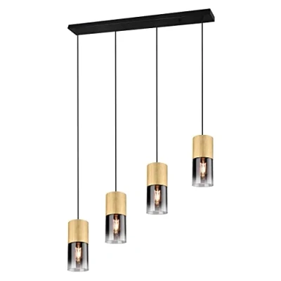 Image de TRIO, Suspension, Robin 4xE27, max.28,0 W Verre, Fumé, Corps: Métal, Laiton mat L:80,5cm, H:150,0cm, Ø:10,0cm IP20,Sans illuminant,Réglable en hauteur,Source lumineuse remplaçable p