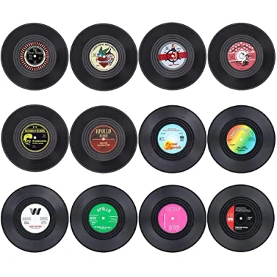 Image de Litensh 12 PCS Dessous de Verre en Vinyle Rétro CD sous Verres pour Café Forme Disque Thé Bière Vin Bouteille avec Support(Motif M3, Pièces)