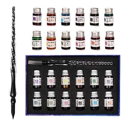 Image de Lot de 12 flacons d&#039;encres colorées, avec stylos en verre, convient à la calligraphie, pour l&#039;art, l&#039;écriture, les signatures, décoration, cadeaux, noirs
