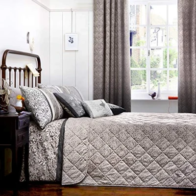 Image de Dreams &#039;n&#039; Drapes Hanworth Parure de Lit réversible Motif Rayures/Feuilles Gris Anthracite Simple, Charbon, 229 x 195 cm Bedspread