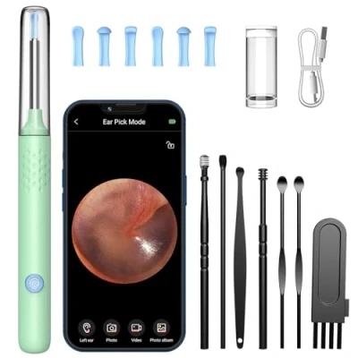 Image de LMECHN Otoscope Oreille avec caméra 1080P HD 3,5 mm étanche Nettoyage 6 Lumières LED 7 Pièces Kit Compatible iOS et Android(Vert)