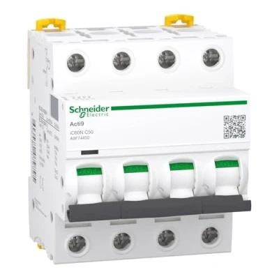 Image de Schneider Electric a9 F74450 IC60 N disjoncteur, acti9, courbure C, 4P, 85 mm Hauteur X 72 largeur 78.5 profondeur, 50 A Courant, 50/60 HZ, Blanc