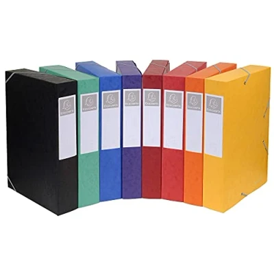 Image de Exacompta Réf. 19500H 10 boites de classement avec élastiques CARTOBOX livrées à plat dos 5 cm carte lustrée 7/10ème 600g/m² dimensions 25x33cm format classer A4 8 couleurs assorties