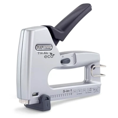 Image de Rapesco 1766 ECO T14 ALU Agrafeuse/Cloueuse 5 en 1, Utilise les Agrafes de type 13, 53 et 71, Clous 18G 180 sans Tête, Gris