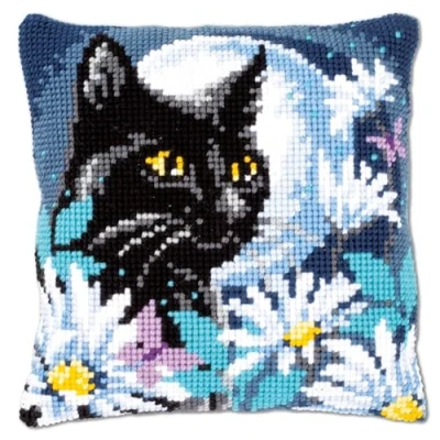 Image de Vervaco PN 0148218 Chat dans la Nuit Coussin à Motifs de Croix Coton Multicolore 40 x cm