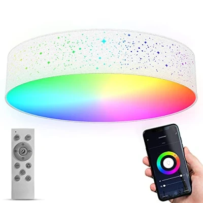 Image de B.K.Licht Plafonnier tissu LED connecté WiFi smart I Ø39 cm CCT RVB App et télécommande dimmable commande vocale iOS &amp; Android ciel étoilé