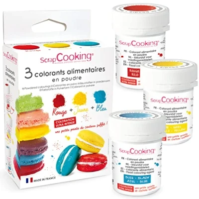 Image de ScrapCooking 3 Colorants Alimentaires Pâtisserie Comestibles Artificiels en Poudre Rouge Jaune Bleu Couleurs Primaires Gâteaux, Biscuits &amp; Pâte à Sucre Fabriqués France 4011