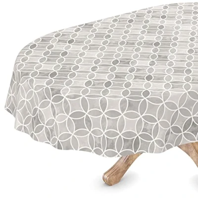 Image de Nappe en toile cirée, lavable, ovale, bord coupé, kaléidoscope, gris, facile d&#039;entretien, 140 x 240 cm