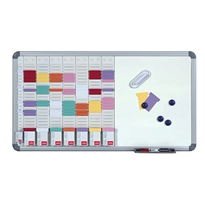 Image de Nobo Kit Planning Hebdomadaire Mural à Fiches T avec Tableau Blanc Magnétique, Surface en Acier, 7 Colonnes &amp; 24 Fentes, Indice 2, / Index Feutres Aimants Inclus, 2951400