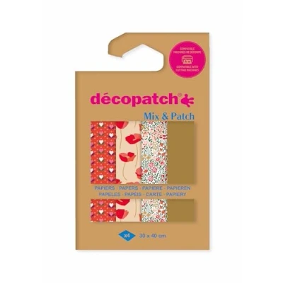Image de Décopatch DP032C Une Pochette de 4 Feuilles Dimensions : 30 x 40 cm Papiers imprimé, Or &amp; rouge Mix Patch A partir 5 ans, DIY, création, rénovation, activité créative