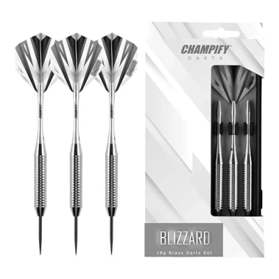 Image de Champify® Blizzard Jeu de Fléchettes en laiton 18 g avec pointe acier 3 6 tiges et ailettes autres accessoires pointes idéales pour les débutants