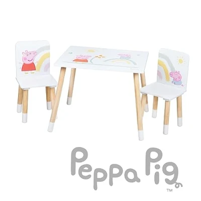Image de roba Ensemble Table et 2 Chaises Enfants Peppa Pig Pieds en Bois Massif pour Filles Garçons de Ans Plus Motif Truie Cochon Arc Ciel Rose/Blanc