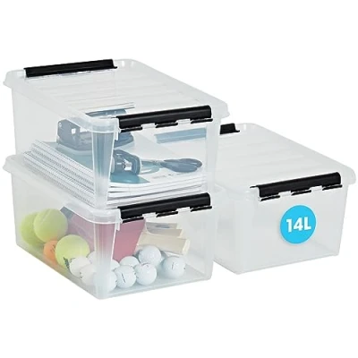 Image de SmartStore Lot de 3 boîtes rangement avec couvercle, 14 l, renforcées, transparentes, adaptées à un usage alimentaire, fermeture clip, empilables, en plastique sans BPA, 40 x 30 18 cm (L