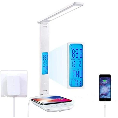 Image de Lampe de Bureau LED avec Chargeur sans Fil, Lampes Table Dimmable 5 niveaux luminosité Contrôle Tactile Chevet et USB,LCD,Fonctions heure, alarme température (bureau blanc)