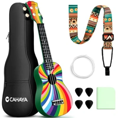 Image de CAHAYA Ukulele Soprano 21 Pouces: Ukulélé en tilleul avec housse de transport, sangle réglable, partitions, cordes rechange, chiffon nettoyage et 4 médiators pour adultes débutants, Arc Ciel