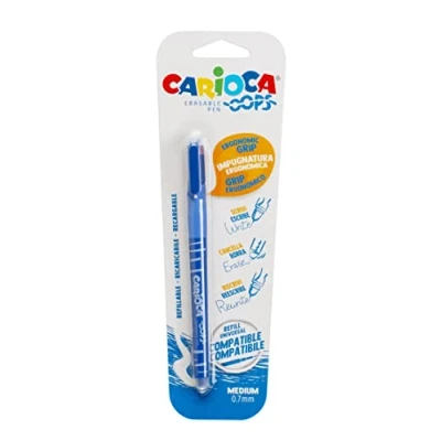 Image de Carioca Oops Stylo noir effaçable rechargeable pour l&#039;école et le bureau avec capuche, double caoutchouc poignée ergonomique, couleur bleue, 1 pièce