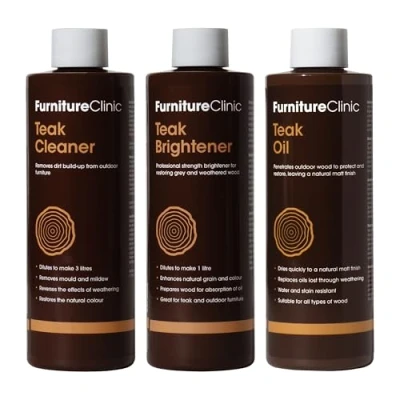 Image de Kit d&#039;entretien pour teck Nettoie et restaure tous les meubles de jardin extérieurs Contient l&#039;huile teck, un nettoyant azurant teck.