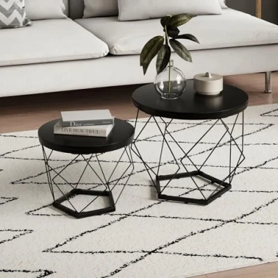 Image de Home Collective table basse, de salon, lot 2 avec structure en métal et plateau rond, d&#039;appoint moderne, 50 x 44 40 37 cm (l h) Noir