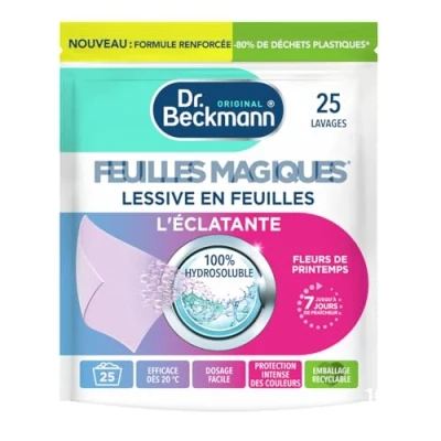 Image de Dr. Beckmann feuilles MAGIQUES Lessive en L&#039;ÉCLATANTE Format pré dosé, pratique et léger 100% hydrosoluble, facile à utiliser ranger 25